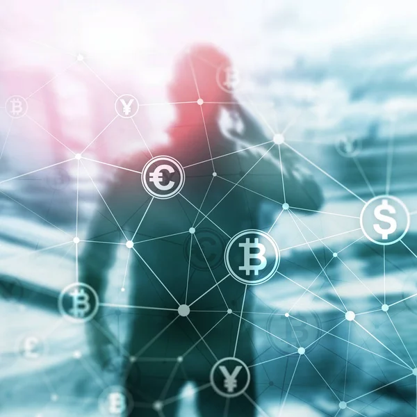 Double Exposure Bitcoin Und Blockchain Konzept Digitale Wirtschaft Und Devisenhandel — Stockfoto