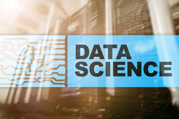 Data science, business, internet and technology concept on server room background.