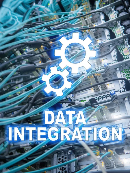 Data integration information technology concept on server room background.