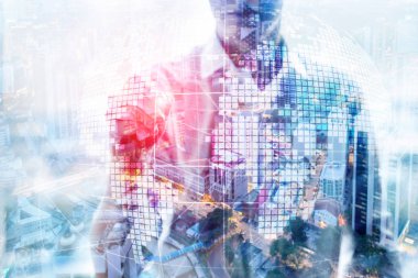 3D Dünya hologram üzerinde arka plan bulanık. Küresel iş ve iletişim kavramı.