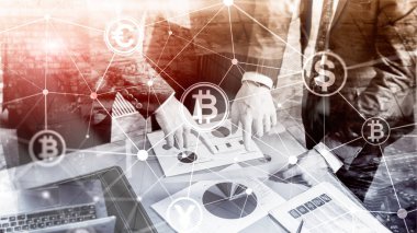 Çift Pozlama kavramı, Bitcoin ve blockchain. Dijital Ekonomi ve ticaret para.