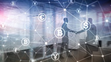 Çift Pozlama kavramı, Bitcoin ve blockchain. Dijital Ekonomi ve ticaret para.