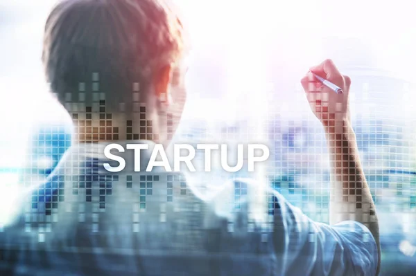 Startup Concept Double Exposure Diagrams Blurred Background — Stock Photo, Image