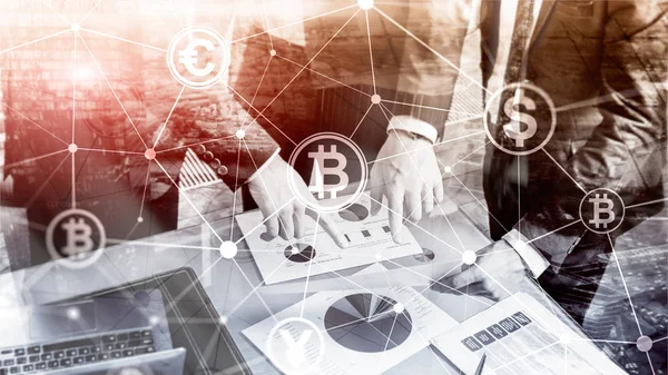 Double Exposure Bitcoin Und Blockchain Konzept Digitale Wirtschaft Und Devisenhandel — Stockfoto