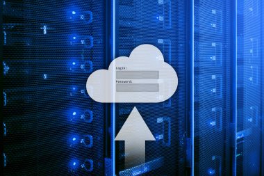 Bulut depolama, veri erişimi, Kullanıcı adı ve şifre talebi penceresini sunucu Oda arka plan üzerinde. Internet ve teknoloji kavramı.