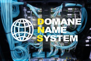 Dns - domain name system, server and protocol. Internet and digital technology concept on server room background. clipart