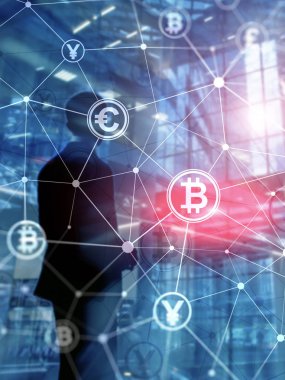 Çift Pozlama kavramı, Bitcoin ve blockchain. Dijital Ekonomi ve döviz ticareti. Arka kapak tasarım dikey biçimi.