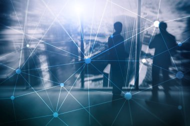Bulanık gökdelenlerin arkaplanındaki engelleme ağı. Finansal teknoloji ve iletişim konsepti.