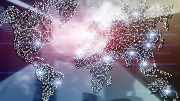 Küresel Dünya Double Exposure ağ. Telekomünikasyon, uluslararası iş Internet ve teknoloji kavramı.