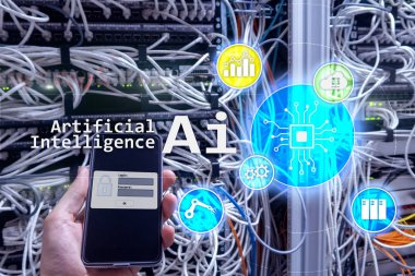 AI, yapay zeka, otomasyon ve modern bilgi teknolojisi kavramı sanal ekran üzerinde.