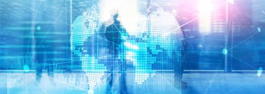 Çift Pozlama karışık ortam. 3D dünya gezegen hologram ve iletişim yapısı. Dünya geniş ağ ve küreselleşme kavramı.