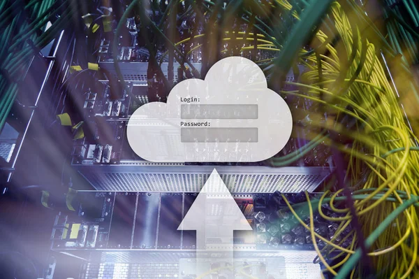 Cloud Speicher Datenzugriff Anmelde Und Passwortanforderungsfenster Hintergrund Des Serverraums Internet — Stockfoto