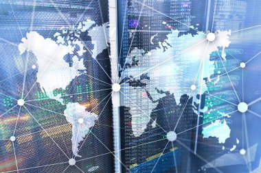 Sunucu odası arka plan üzerinde iletişim ağı ile Dünya Haritası.