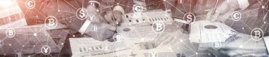Çift Pozlama kavramı, Bitcoin ve blockchain. Dijital Ekonomi ve döviz ticareti. Web sitesi başlık banner.