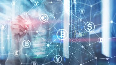 Çift Pozlama kavramı, Bitcoin ve blockchain. Dijital Ekonomi ve ticaret para.
