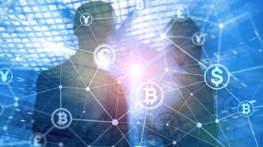 Çift Pozlama kavramı, Bitcoin ve blockchain. Dijital Ekonomi ve ticaret para.