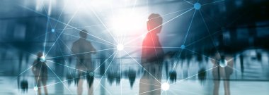 Bulanık gökdelenlerin arkaplanındaki engelleme ağı. Finansal teknoloji ve iletişim konsepti.