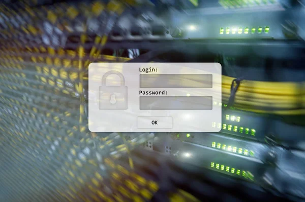 服务器机房 登录和密码请求 数据访问和安全 — 图库照片