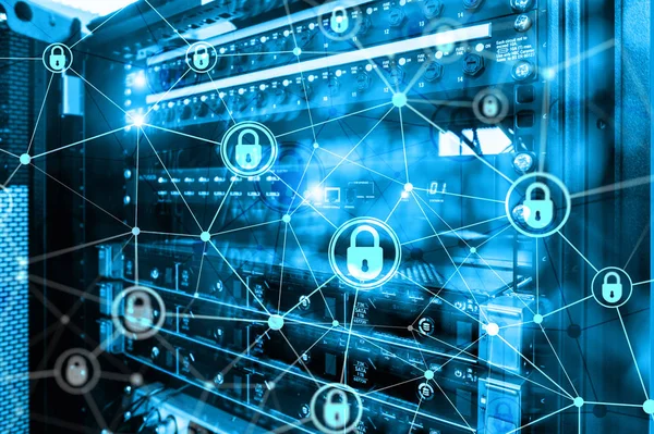 Cyber Sicherheit Datenschutz Datenschutzkonzept Auf Modernem Serverraum Hintergrund Internet Und — Stockfoto