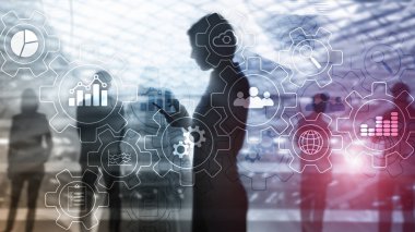 Vites ve simgelerle yapılan iş süreci soyut diyagramı. Çalışma akışı ve otomasyon teknolojisi kavramı.