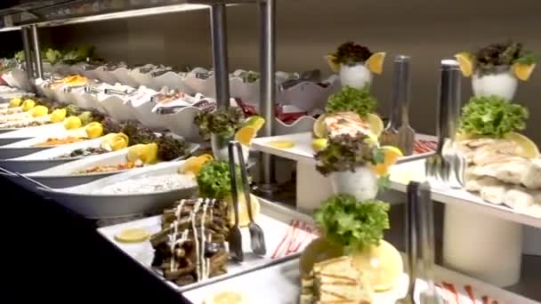 自助餐 肉类和鱼类菜肴都摆在桌面上 — 图库视频影像