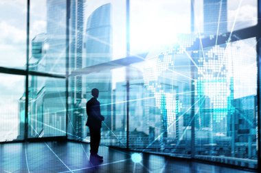 Çift Pozlama karışık ortam. 3D dünya gezegen hologram ve iletişim yapısı. Dünya geniş ağ ve küreselleşme kavramı.