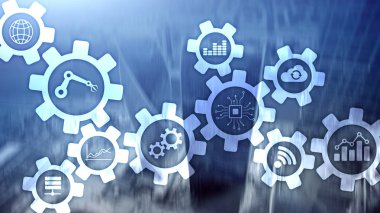 Otomasyon teknolojisi ve akıllı sanayi kavramı bulanık arka plan üzerinde. Dişliler ve simgeler.