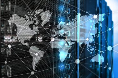 Sunucu odası arka plan üzerinde iletişim ağı ile Dünya Haritası.