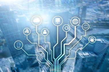 Bulanık iş merkezi zemin üzerine telekomünikasyon ve çok kavramı.