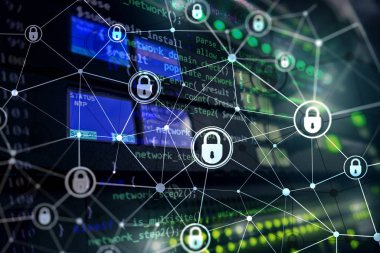 Siber güvenlik, bilgi gizliliği, modern sunucu odası arka planında veri koruma kavramı. İnternet ve dijital teknoloji kavramı.