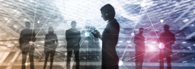 Bulanık gökdelenlerin arkaplanındaki engelleme ağı. Finansal teknoloji ve iletişim konsepti.