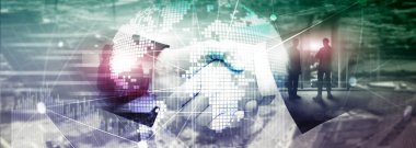 Çift Pozlama karışık ortam. 3D dünya gezegen hologram ve iletişim yapısı. Dünya geniş ağ ve küreselleşme kavramı.