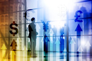 Çift Pozlama iş ve finansal kavramı. Para birimi büyüme oklar. Hisse senedi ticareti ve forex.