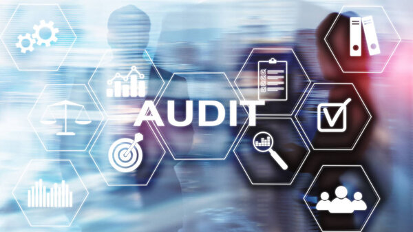 Audit Conduct an official financial examination of individuals or organizations accounts. Business concept on virtual screen.