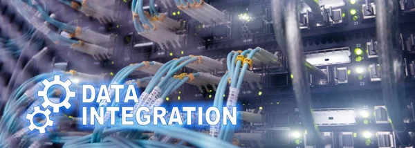 Data integration information technology concept on server room background.