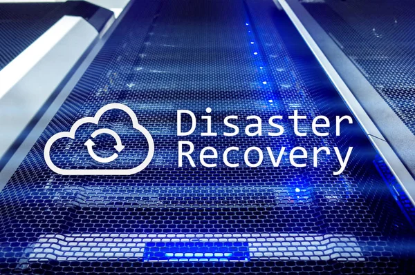 DIsaster recovery. Data loss prevention. Server room on background.