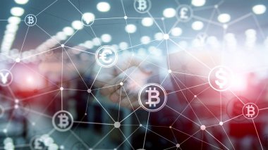 Çift Pozlama kavramı, Bitcoin ve blockchain. Dijital Ekonomi ve ticaret para.