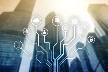 Bulanık iş merkezi zemin üzerine telekomünikasyon ve çok kavramı.