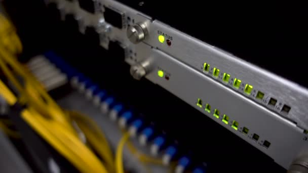 服务器机房中的光开关 交换机中的连接光纤 — 图库视频影像