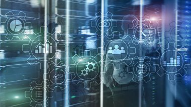 Vites ve simgelerle yapılan iş süreci soyut diyagramı. Çalışma akışı ve otomasyon teknolojisi kavramı.