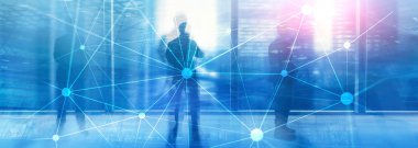 Bulanık gökdelenlerin arkaplanındaki engelleme ağı. Finansal teknoloji ve iletişim konsepti.