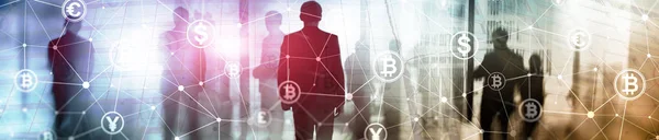 Bitcoin Blockchain Koncepcja Podwójnej Ekspozycji Gospodarki Cyfrowej Handlu Walutami Stronie — Zdjęcie stockowe