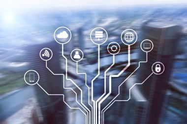 Bulanık iş merkezi zemin üzerine telekomünikasyon ve çok kavramı.