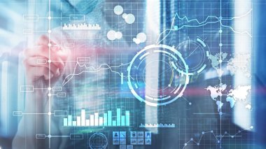 İş zekası BI Anahtar performans göstergesi KPI Analiz paneli şeffaf bulanık arkaplan.