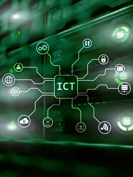 ICT - information and communications technology concept on server room background.