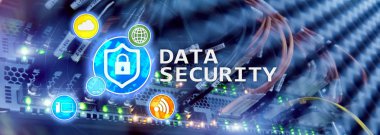 Veri güvenliği, siber suç önleme, dijital bilgi koruma. Kilit kutsal kişilerin resmi ve sunucu Oda arka plan.