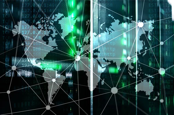 Mapa Del Mundo Con Red Comunicación Fondo Sala Servidores — Foto de Stock