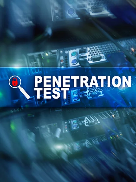 Penetration test. Cybersecurity and data protection. Hacker attack prevention. Futuristic server room on background. Penetration test.