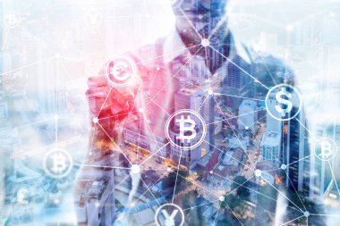 Çift Pozlama kavramı, Bitcoin ve blockchain. Dijital Ekonomi ve ticaret para.