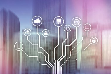 Bulanık iş merkezi zemin üzerine telekomünikasyon ve çok kavramı.